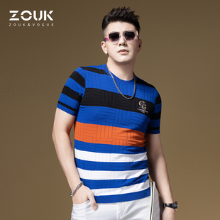 2023新款 夏 男潮牌潮流轻奢男装 ZOUK欧洲站t恤男撞色条纹提花短袖
