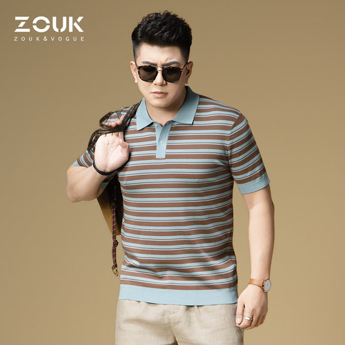ZOUK男士翻领polo衫条纹针织短袖t恤男装2026新款夏季休闲上衣潮