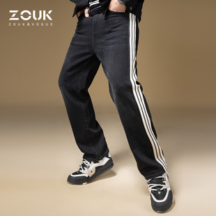 春秋季 ZOUK复古黑色条纹牛仔裤 休闲裤 子潮流男士 男2023新款 阔腿裤