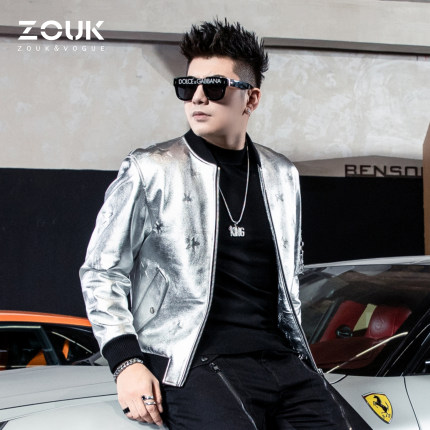 ZOUK男士机车软皮衣男真皮飞行员夹克外套潮牌欧美街头银色棒球服