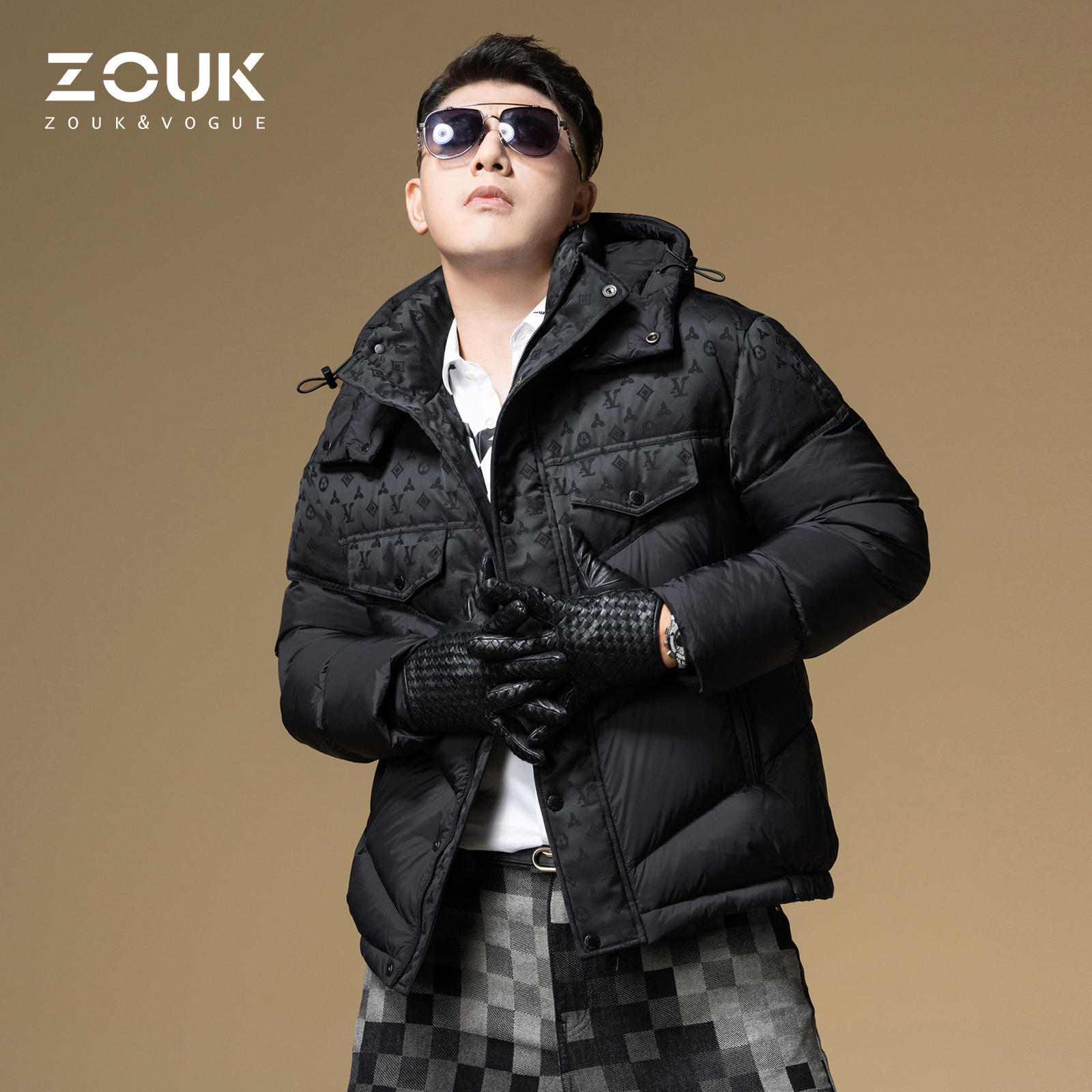 ZOUK欧洲站男士羽绒服2025新款潮牌老花暗纹拼接连帽冬季保暖外套