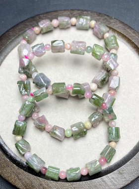 天然粉绿西瓜碧玺随形手链 糖果色百搭清新水晶饰品手串礼物