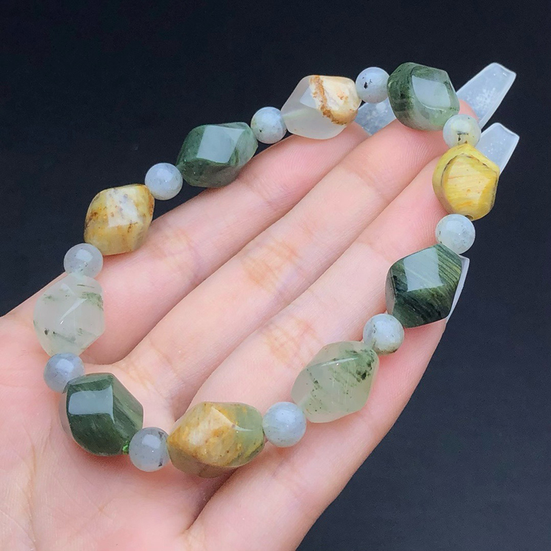 天然千层幽灵玛瑙手链女款包裹物绿玛瑙扭珠手串欧美风格带棉絮