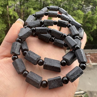 天然黑碧玺原石手链男女款单圈打磨柱子手串饰品礼物民族
