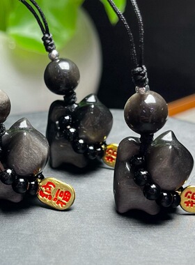 天然银耀石雕刻猫咪原创款手机挂绳女款卡通小猫水晶手机挂坠饰品