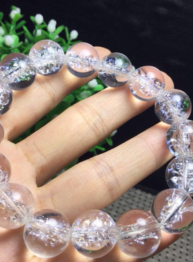 天然白水晶爆花手链 男女款透明水晶手串圆珠首饰品礼物民族风