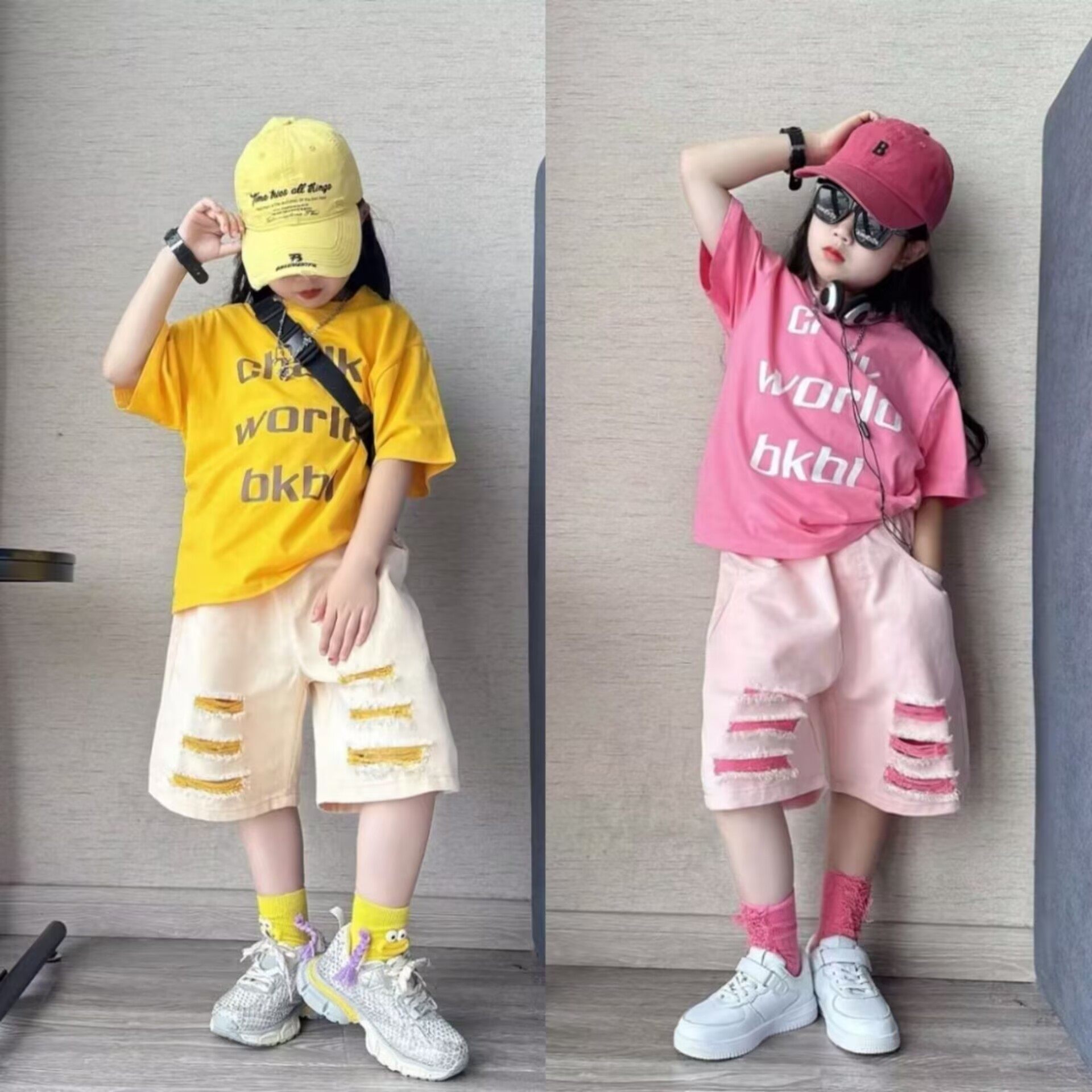 女童夏季时髦洋气多巴胺破洞牛仔中裤中大童百搭短袖T恤衫两件套