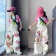 中大童拼色短袖 女童夏季 直筒休闲裤 涂鸦阔腿裤 T恤两件套8 潮酷个性