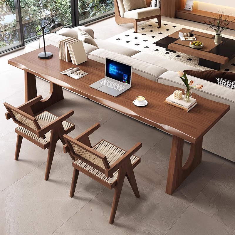 现代简约实木书桌客厅家用沙发后长桌办公桌轻奢胡桃色双人写字台