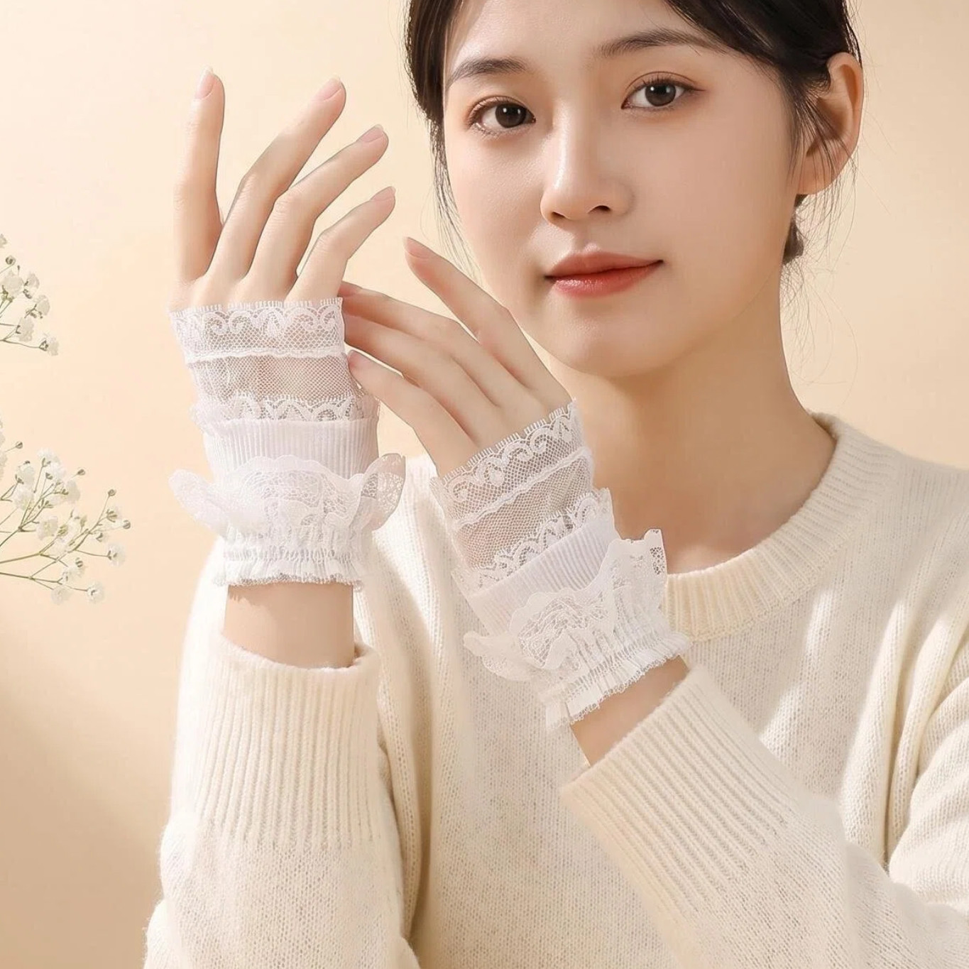 新款春秋冬法式薄款白色蕾丝手套女露指优雅芭蕾风假袖口搭配神器