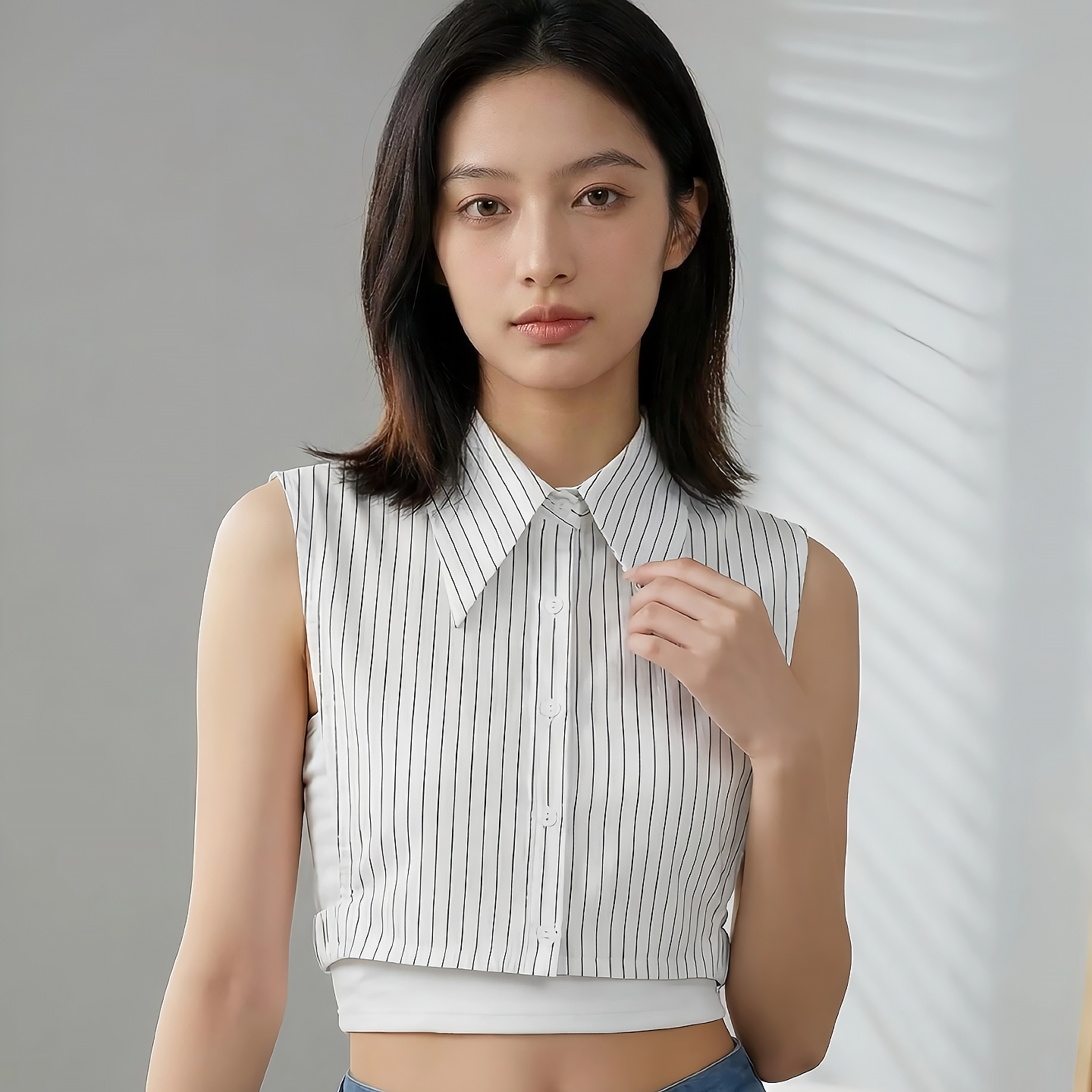 秋冬季韩版装饰大尖领假领子女款衬衣领棉条纹假领百搭黑条打底衫