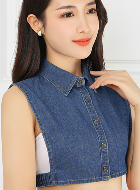 新款假领子女百搭春秋冬季复古加大牛仔尖圆衬衫节约领衬衣打底衫