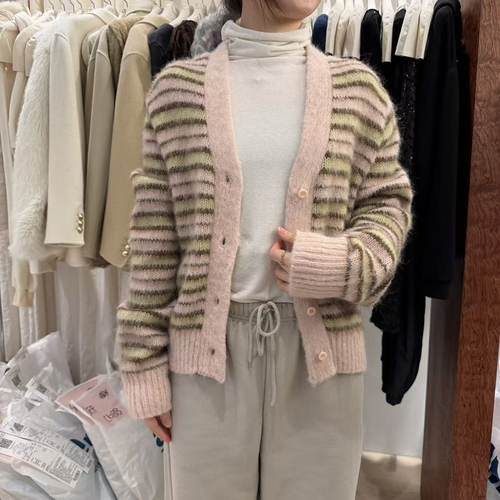 爱情的模漾  韩国代购  PD069（poster）條紋V領開衫