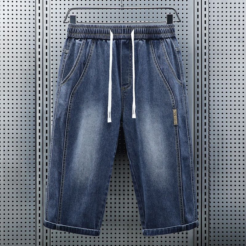 夏季薄款男士松紧腰七分牛仔裤