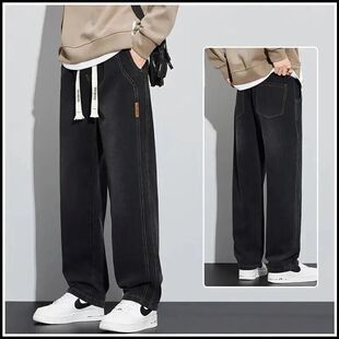 加绒冬季牛仔裤男款抽绳秋冬潮流阔腿直筒青年美式复古休闲长裤子