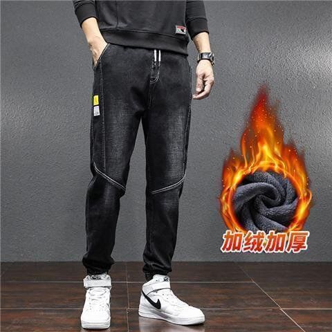 加绒工装牛仔裤男秋冬宽松束脚