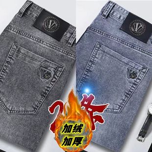 小脚2025新款 修身 秋冬季 加绒加厚直筒纽扣休闲男款 子 牛仔裤 裤 男士