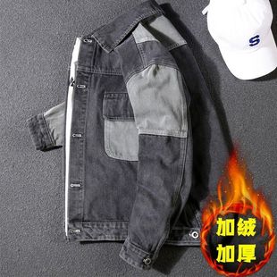 工装 胖子潮牌休闲夹克 牛仔外套男加绒加厚秋冬复古烟灰色宽松大码