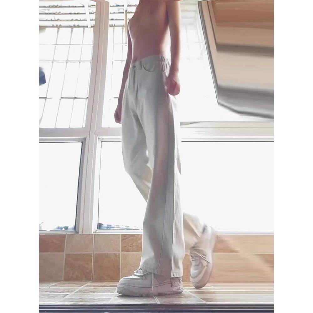 白色微喇牛仔裤男春秋潮牌简约设计感裤子美式高街vibe复古休闲裤