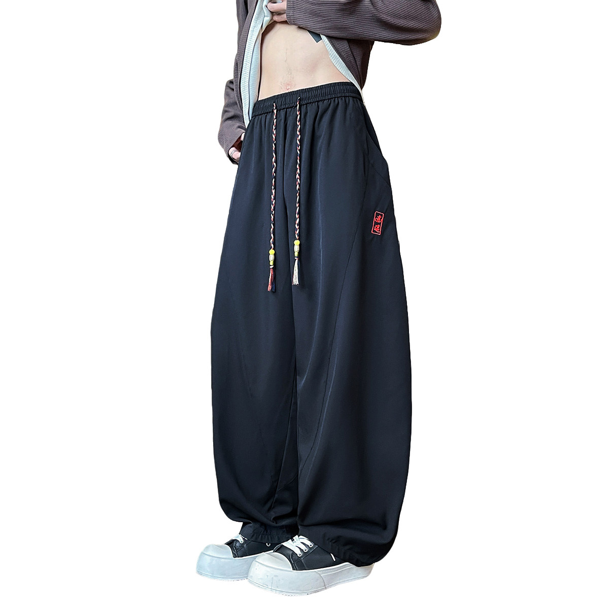 风暗黑刺绣冰丝大桶裤宽松高级感萝卜裤阔腿裤K252-P65控88,男装休闲裤,电商A005-1