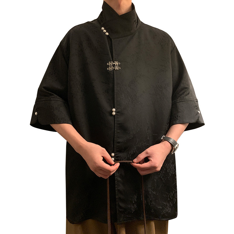 新中式风E缎面提花暗纹立领小众冰丝金属扣衬衫男CS32-P78控98,男装衬衫,电商A005-1