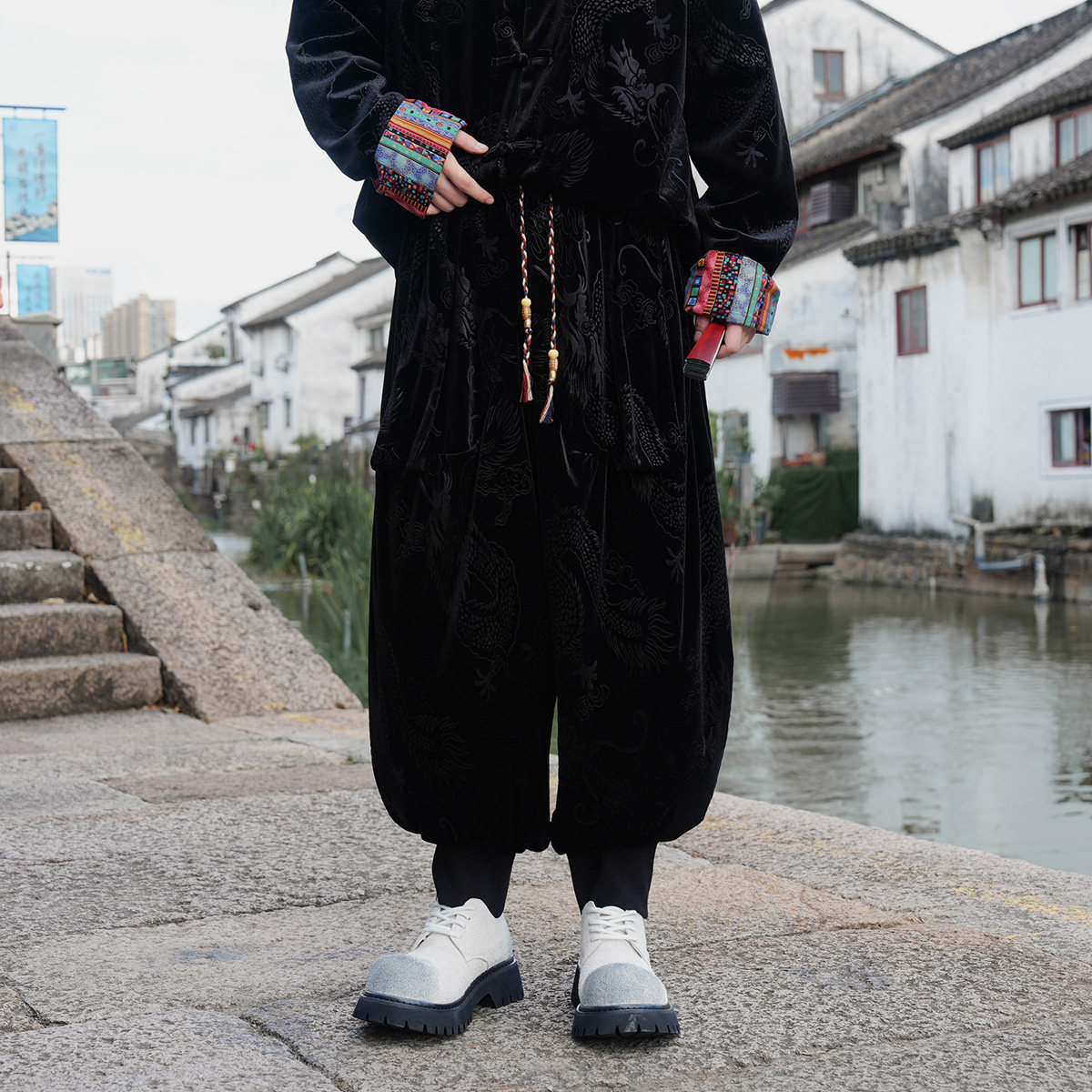 风C小众设计金丝绒龙纹九分裤哈伦裤飞鼠裤K259-P68控88,男装休闲裤,电商A005-1