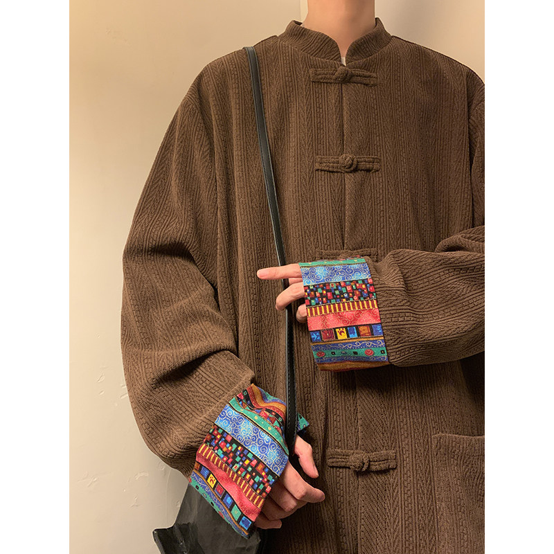 新中式G拼色民族风盘扣麦穗纹灯芯绒衬衫夹克外套男JK18-P75控88，男装民族服装，电商A005-1