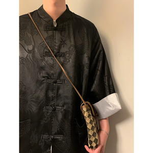 新中式B风盘扣暗花龙纹冰丝中山装衬衫外套男CS75-P65控78图片