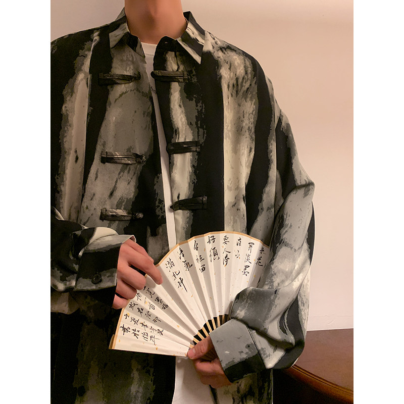 新中式风A冰丝水墨扎染渐变条纹盘扣小众衬衫t恤男CS18-P68控88,男装T恤,电商A005-1