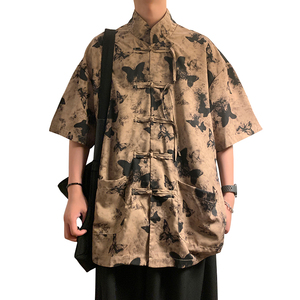 新中式L盘扣短袖衬衫男改良汉服唐装蝴蝶印花外套CS56-P65控88图片