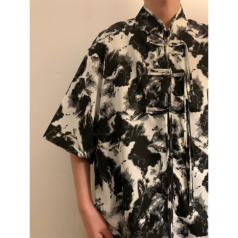 新中式风A盘扣小众设计扎染水墨冰丝短袖衬衫男CS36-P65控88,男装T恤,电商A005-1