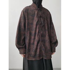 新中式H盘扣长袖衬衫男汉服唐装中山装树叶印花外套CS26-P68控88