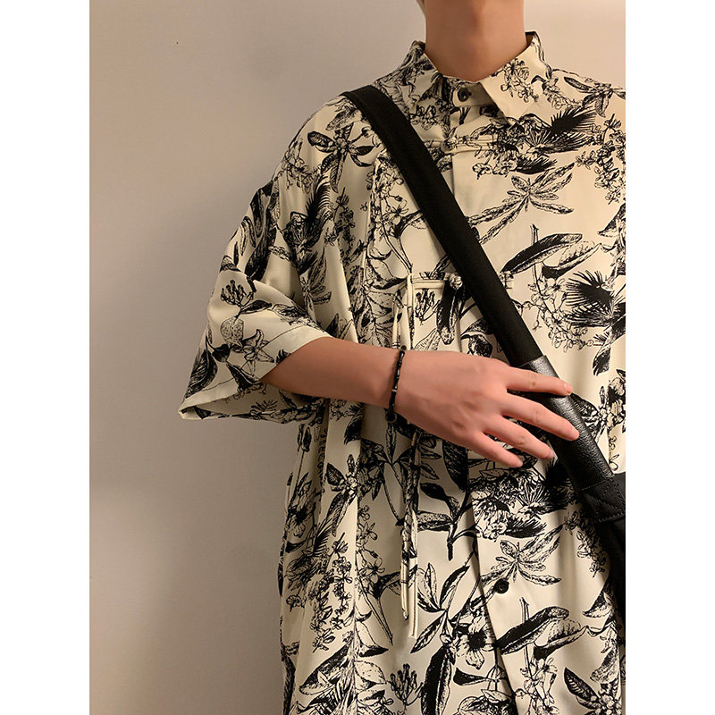 新中式A盘扣不规则设计树叶印花暗纹冰丝衬衫外套男CS69-P70控98图片
