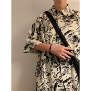 新中式A盘扣不规则设计树叶印花暗纹冰丝衬衫外套男CS69-P70控98图片
