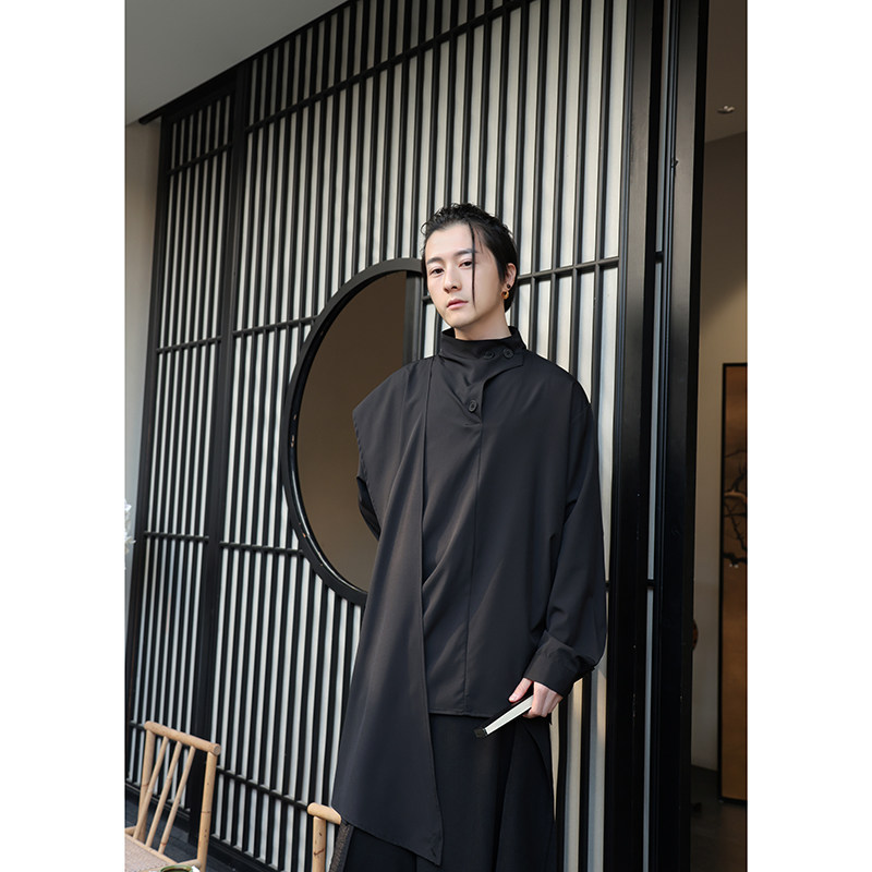 新中式B纽扣半高领衬衫拼接围布风裙裤套装TZ60-P150控178,男装衬衫,电商A005-1