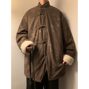 新中式D斜领盘扣龙纹暗花灯芯绒羊羔毛夹克棉衣服JK19-P135控158图片