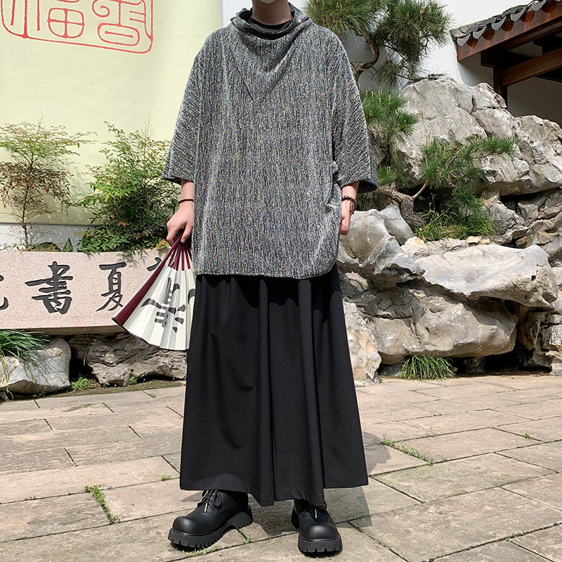 新中式A暗黑亮闪闪高堆领t恤小众设计裙裤男套装TZ93-P133控158,男装T恤,电商A005-1
