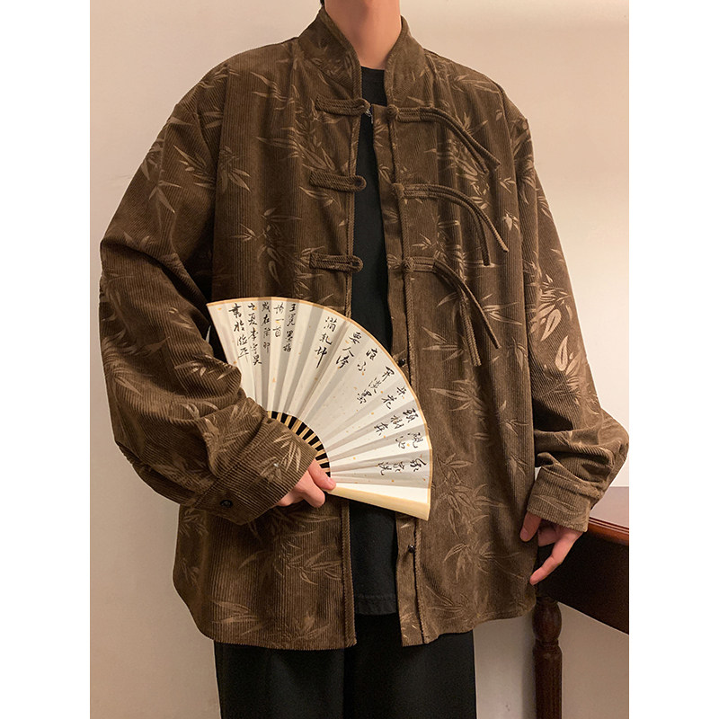 新中式J盘扣小众设计树叶暗花灯芯绒衬衫夹克外套男CS15-P68控88,男装夹克,电商A005-1