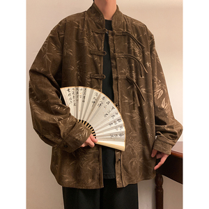 新中式J盘扣小众设计树叶暗花灯芯绒衬衫夹克外套男CS15-P68控88图片