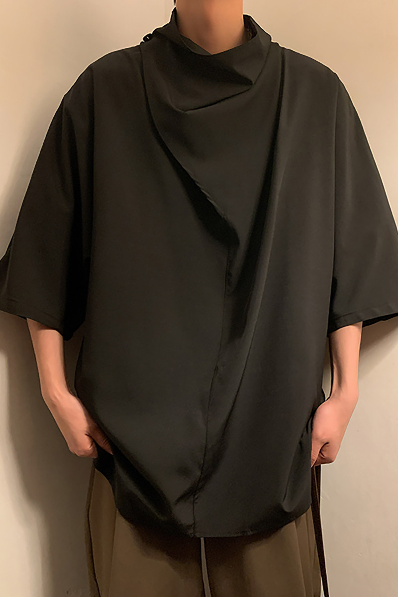暗黑系B风冰丝小众设计痞帅高堆领七分中短袖t恤T05P55控78,男装T恤,电商A005-1