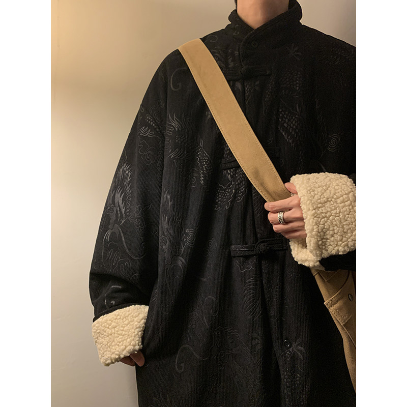 新中式C斜领盘扣龙纹暗花灯芯绒羊羔毛夹克棉衣服JK19-P135控158,男装夹克,电商A005-1