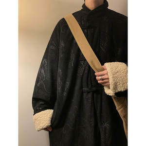 新中式C斜领盘扣龙纹暗花灯芯绒羊羔毛夹克棉衣服JK19-P135控158