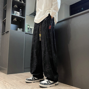 风C刺绣树叶印花灯芯绒大桶裤宽松长裤萝卜裤男K201-P68控88图片