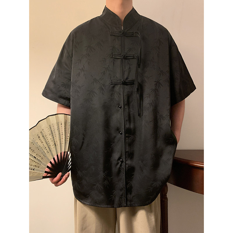 新中式B风盘扣小众树叶暗纹提花冰丝短袖衬衫男CS72-P68控88,男装衬衫,电商A005-1