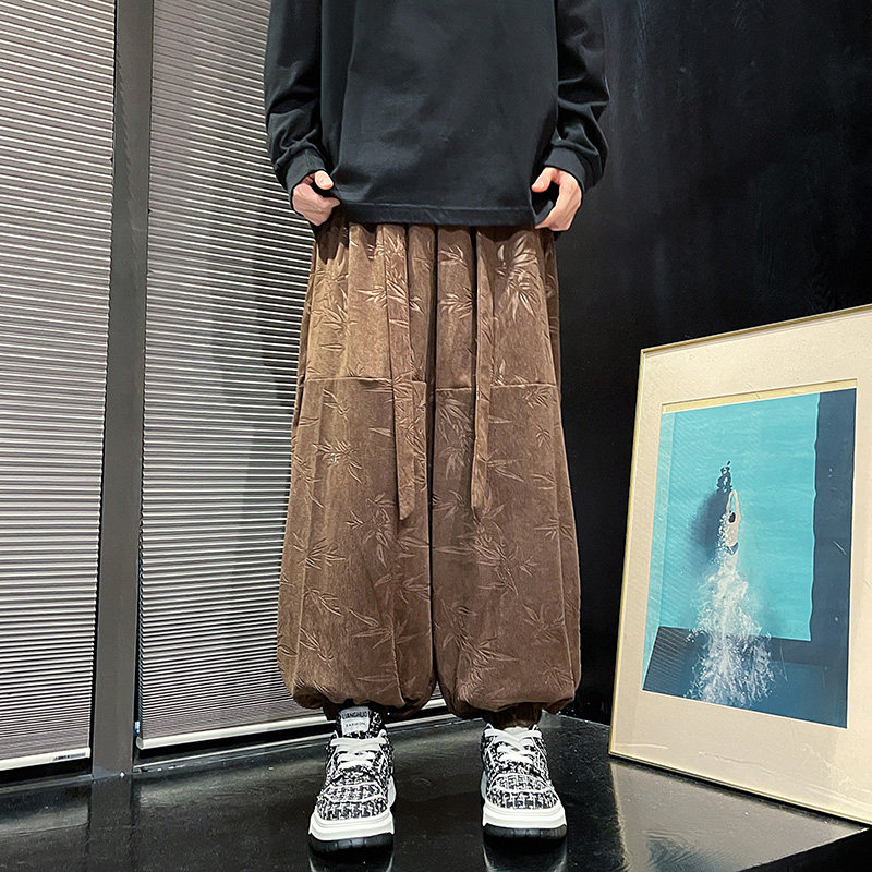 风新中式F保暖树叶印花纹灯芯绒阔腿束脚裤男K199-P68控88图片