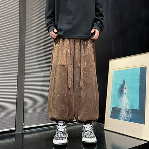 风新中式F保暖树叶印花纹灯芯绒阔腿束脚裤男K199-P68控88图片