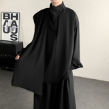 风纽扣复古半高领衬衫极简拼接围布新中式上衣T16-P65控88，男装T恤，电商A005-1