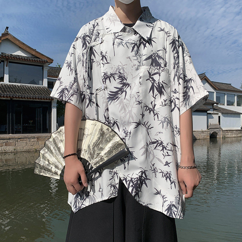 改良新中式E树叶印花冰丝短袖盘扣小众不规则衬衫男CS65-P58控78,男装衬衫,电商A005-1