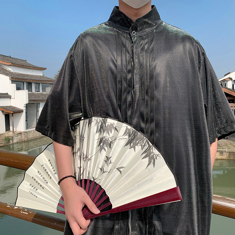 改良新中式G褶皱设计舞台亮闪闪冰丝酒吧演出衬衫CS55-P68控88,男装衬衫,电商A005-1