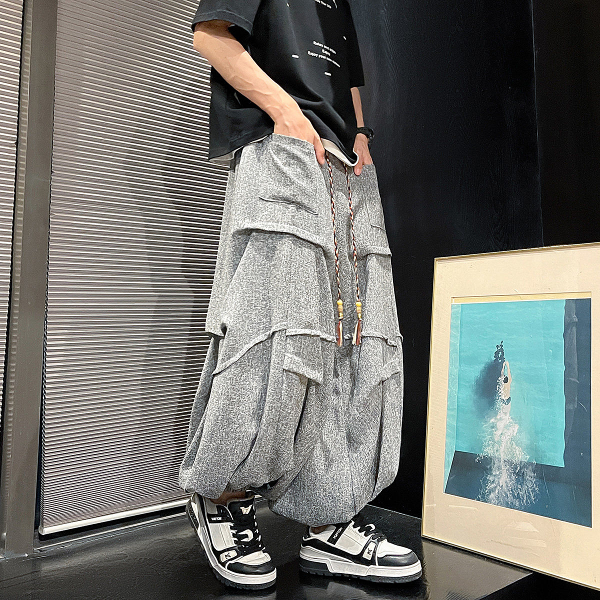 新中式暗黑D冰丝垂感折褶小众设计宽松阔腿裤男K227-P70控88图片